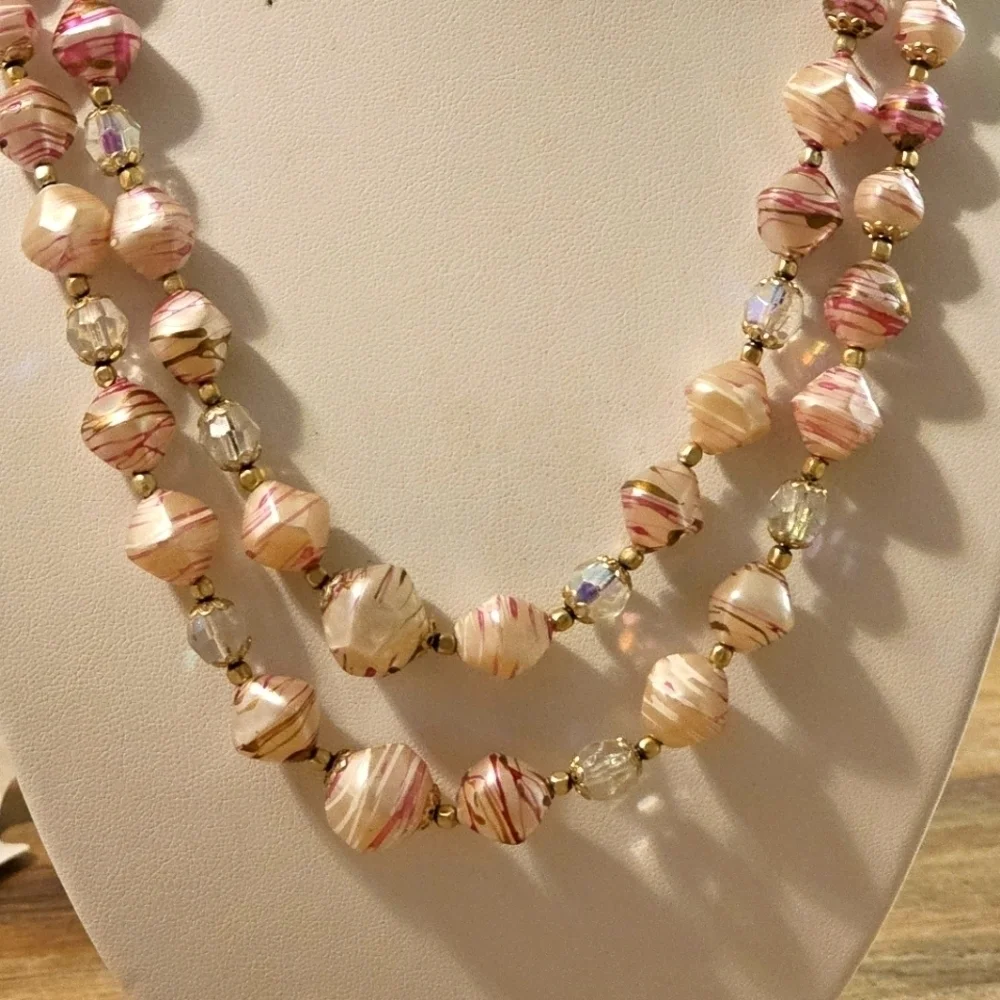 Vintage Hong Kong Pink Splatter lucite and crystals necklace
